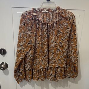 Freeway Mustard Floral Ruffle-Neck Blouse